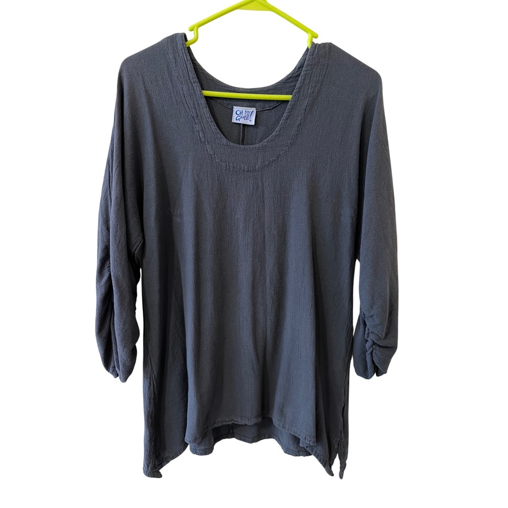 Oh My Gauze! Charcoal Gray Crinkle Cotton Ruched Sleeve Tunic Top Sm/M 1 Boho